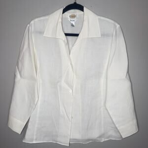 Talbots Irish Linen Womens Sz 14 Cream Long Sleeve Button Up Lightweight Blouse